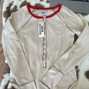 BDG Jadey Henley Beige shirt with Rainbow stitching